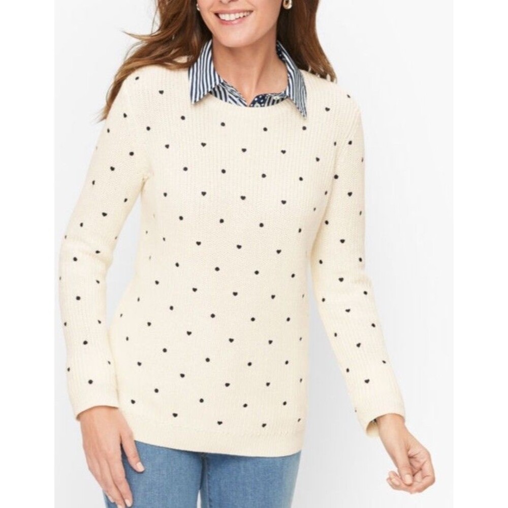 Talbots White Hearts & Polka Dot Crewneck Oversized Sweater Size 3X Ivory Pima